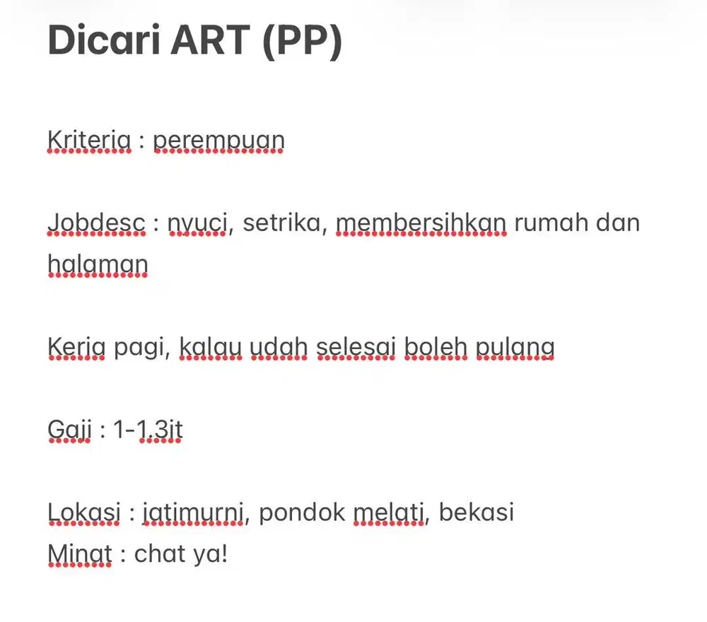 Dibutuhkan segera ART Jatimurni, Pondok Melati, Bekasi