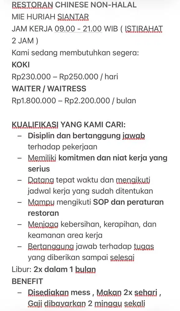 DIBUTUHKAN KOKI DAN WAITERS