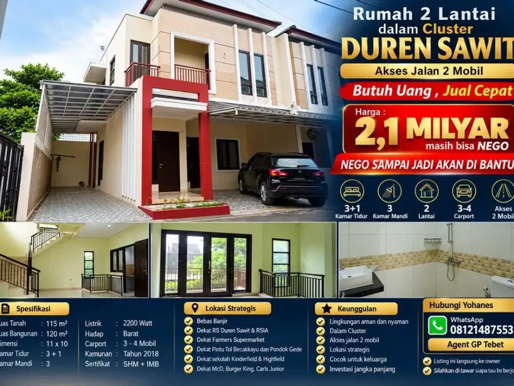 Rumah 2 Lantai dalam Cluster Duren Sawit Akses Jalan 2 Mobil