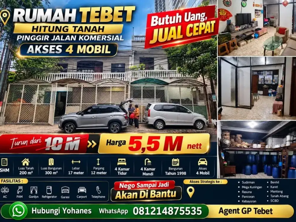 Rumah Tebet LT 200 m² Hitung Tanah Akses Jalan 2 Mobil