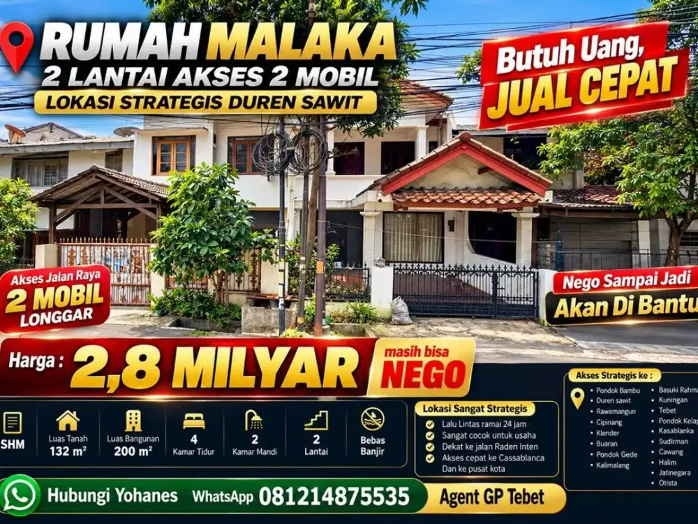Rumah Malaka 2 Lantai Akses 2 Mobil Lokasi Strategis Duren Sawit