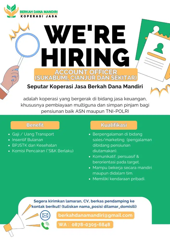 LOKER ACCOUNT OFFICER, WILAYAH SUKABUMI/CIANJUR DAN SEKITARNYA