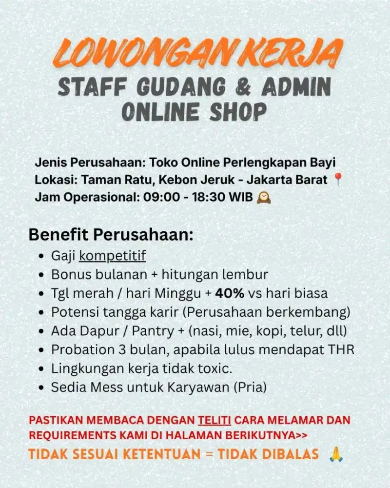Dibuka Lowongan Staff Gudang dan Admin Online Shop