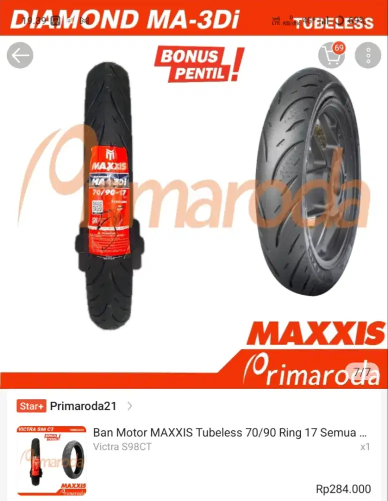 Ban tubles baru motor merk maxxis ukuran 70/90/R17