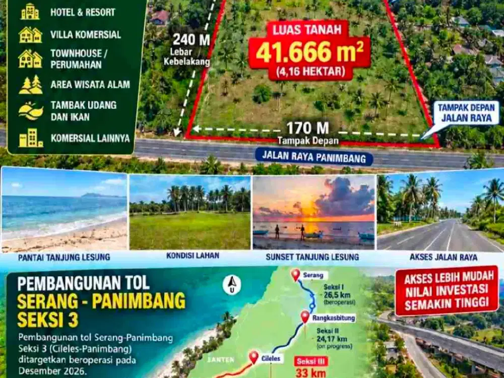 DIJUAL TANAH TANJUNG LESUNG, BANTEN. PINGGIR JALAN RAYA COCOK UNTUK HOTEL DAN PARIWISATA