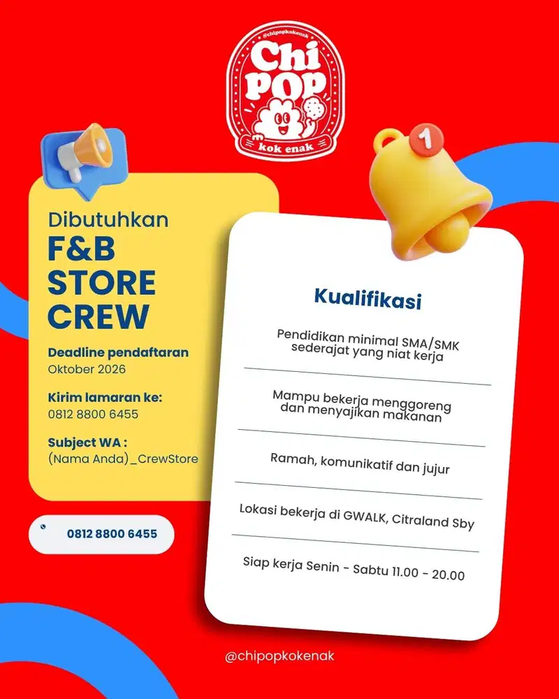 Lowongan Kerja F&B Store Crew – GWalk Citraland Surabaya