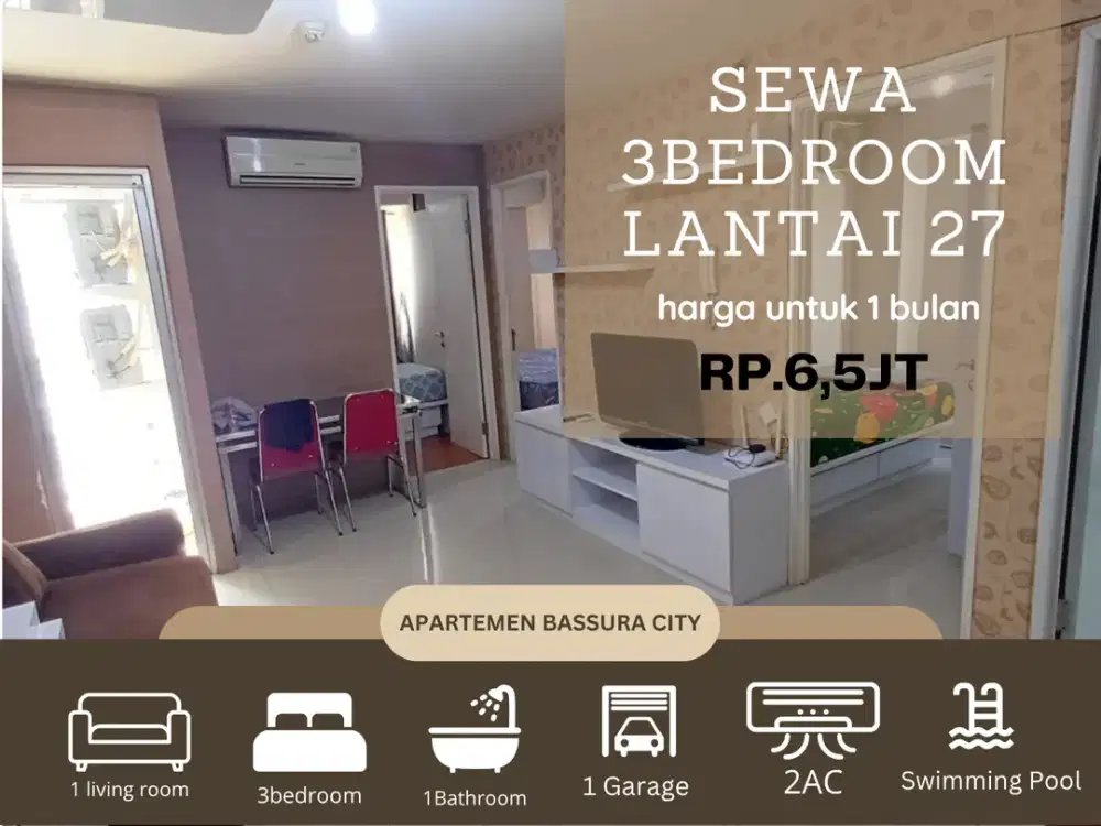 Sewa 3kamar full furnish bulanan dekat mall apartemen bassura city