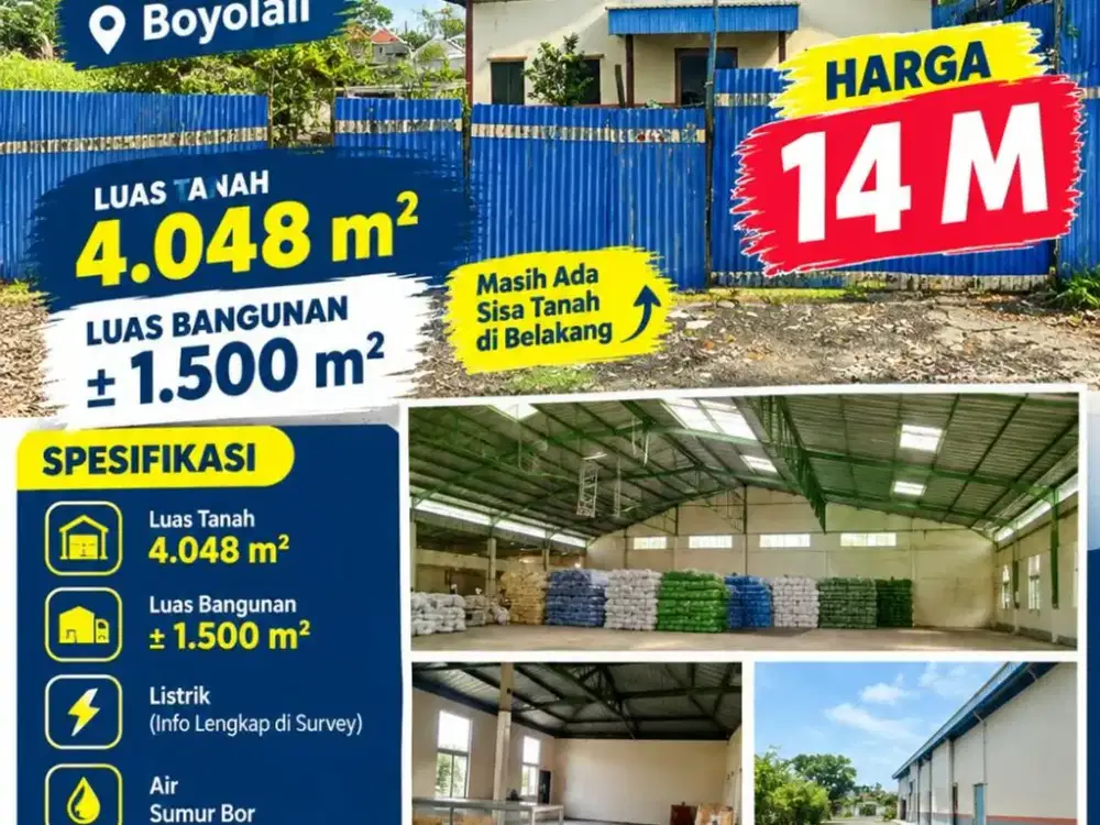 Dijual Gudang Zona Kuning Lokasi Strategis Gagak Sipat Boyolali Luas 4048m2