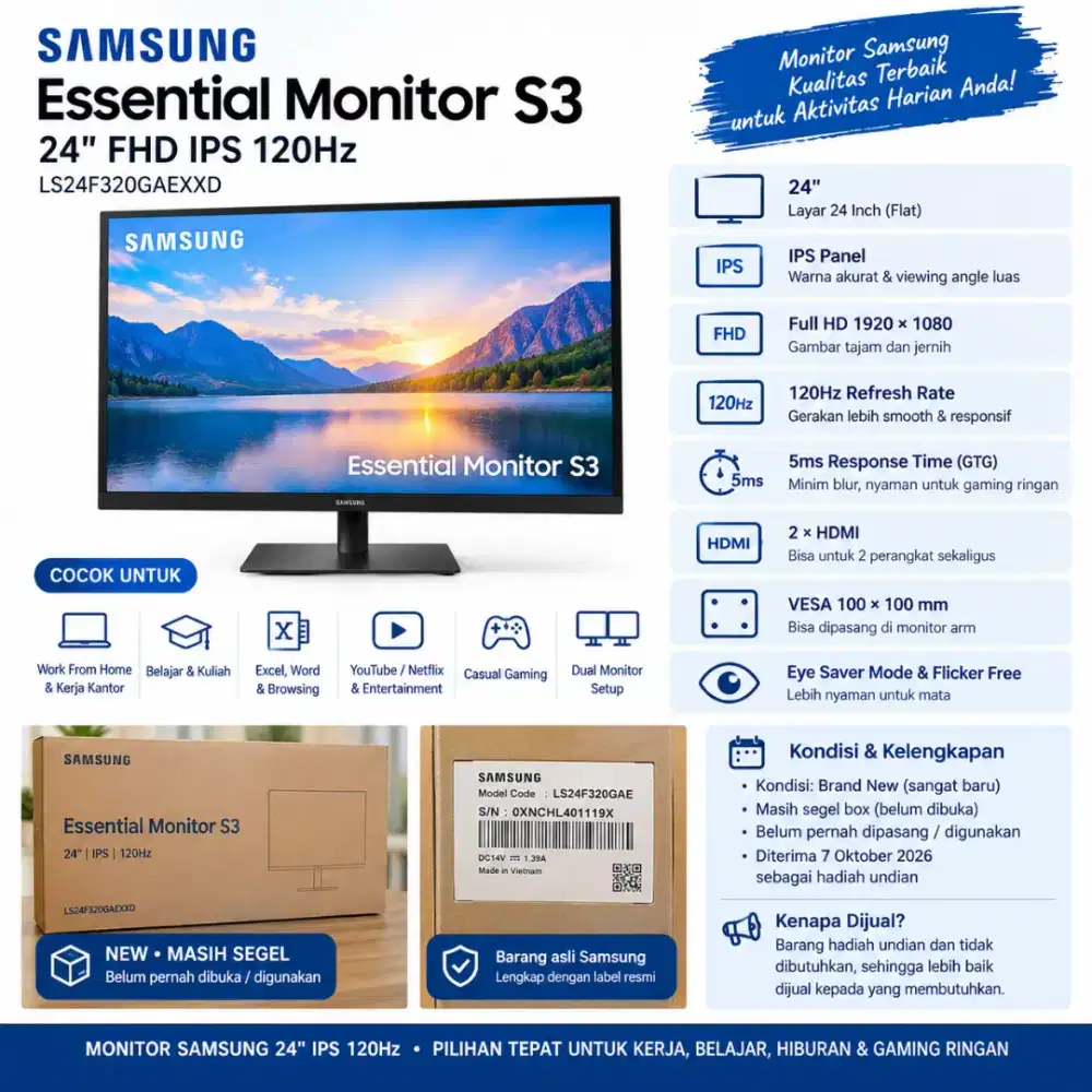 Samsung 24 IPS FHD 120Hz Essential S3 LS24F320GAEXXD NEW SEALED