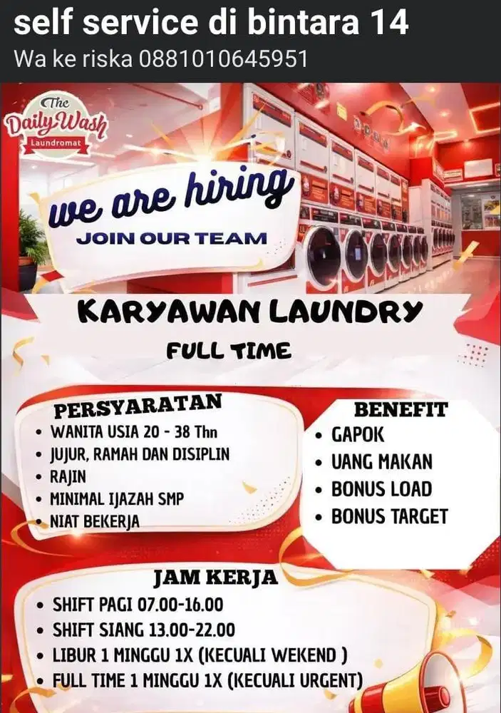 lowongan kerja staff laundry self service