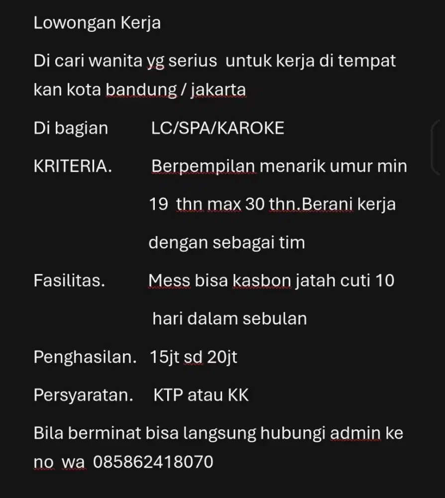 Lowongan kerja lc/spa/karaoke