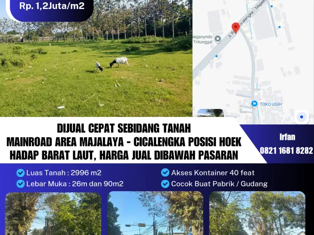 Dijual Cepat Sebidang Tanah
Mainroad Area Majalaya - Cicalengka Posisi Hoek
Hadap Barat Laut, Harga Jual Dibawah Pasaran