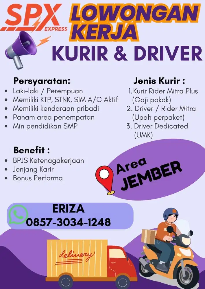 LOKER SPX KURIR RIDER (motor) / DRIVER MOBIL JAWA TIMUR