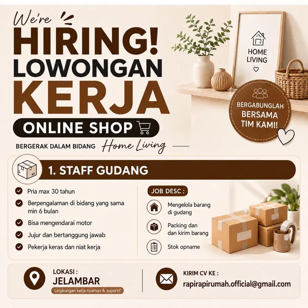 Dibutuhkan Staff Gudang online shop area Jelambar