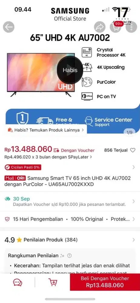 Samsung Smart TV 65 Inch UHD 4K AU7002 dengan Purcolor