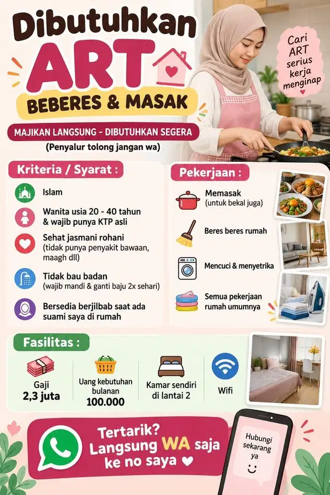 DICARI ART (UNTUK DI RUMAH SAYA) YANG SERIUS MAU KERJA