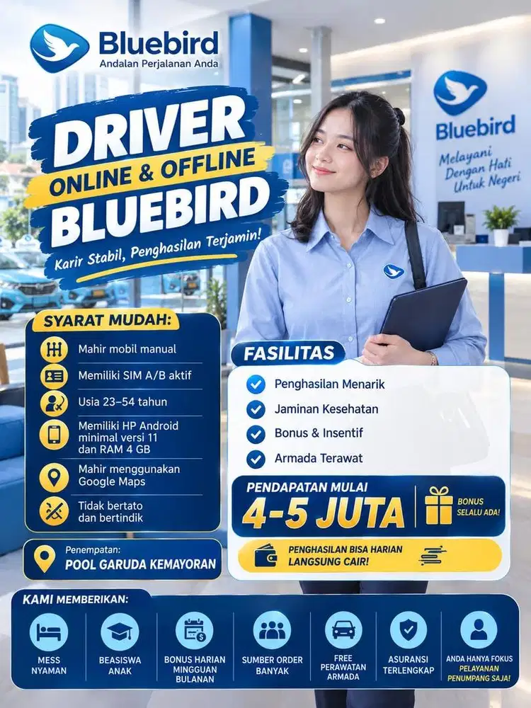 Dibutuhkan Driver Taksi Bluebird – Pool Garuda kemayoran