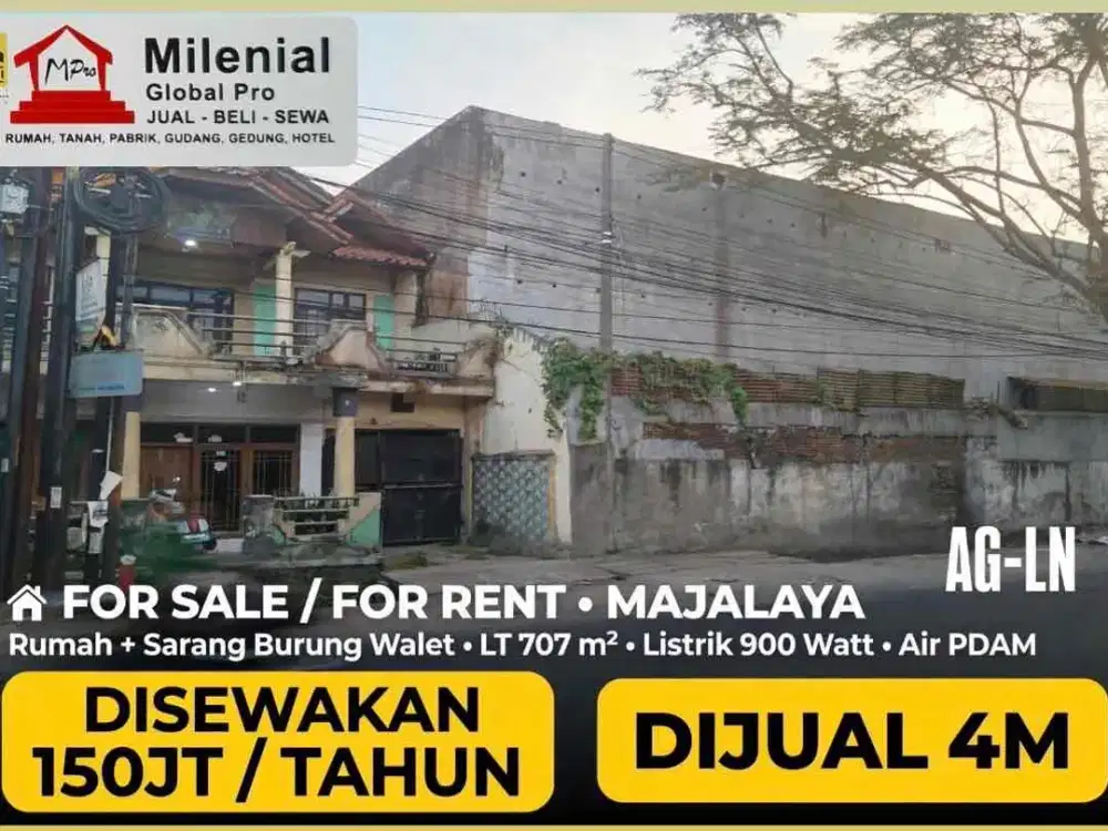 For sale / Rent
Majalaya
rumah dan sarang burung wallet

LT 707
900wt
PDAM

sewa 150jt/thn
Jual 4M