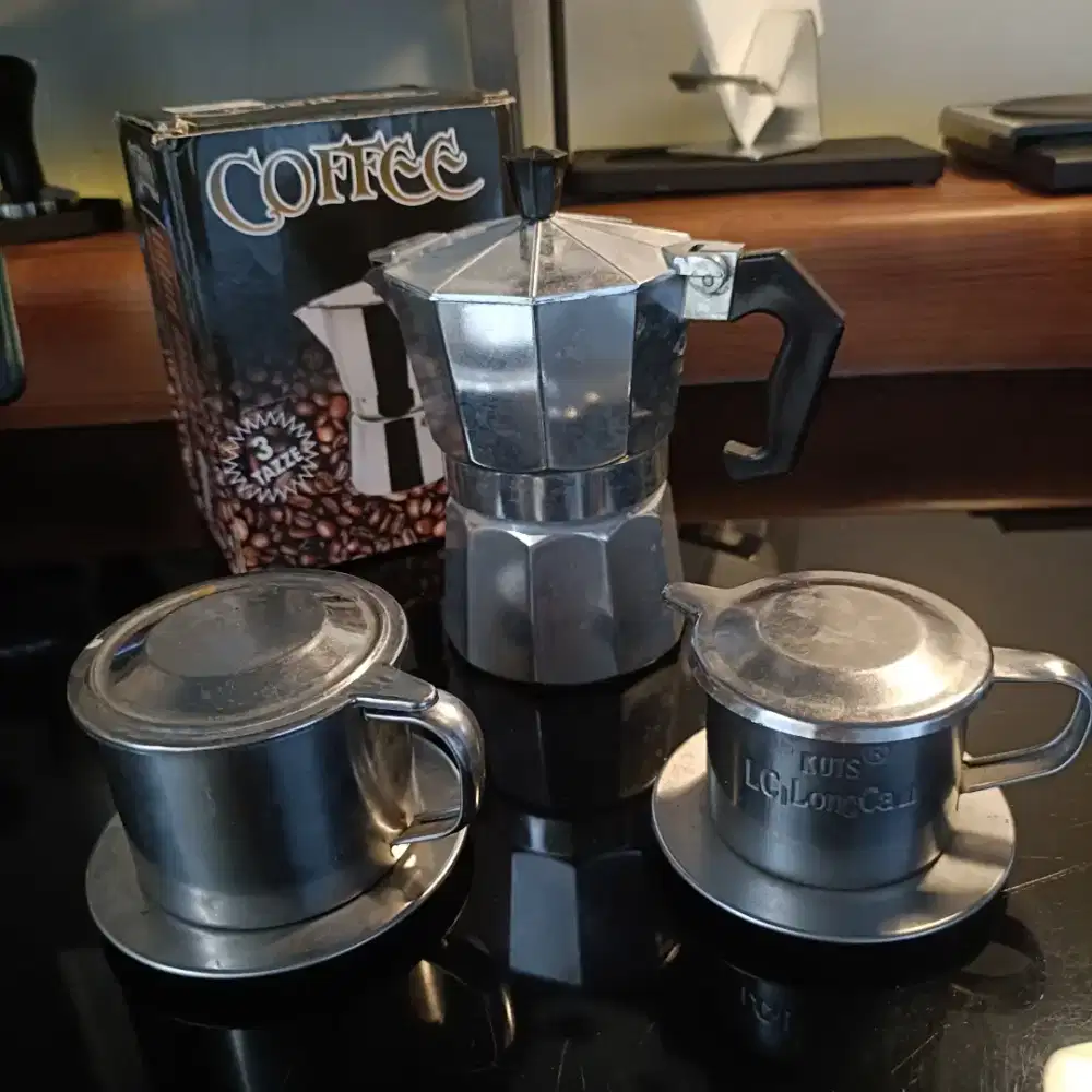 paketan moka pot dan 2 pcs vietnam drip manual coffee maker espresso
