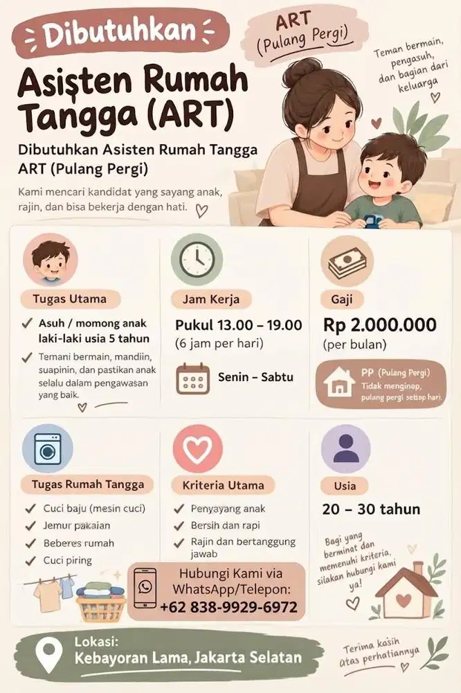 Dibutuhkan Asisten Rumah Tangga (ART) - Pulang Pergi - Jakarta Selatan