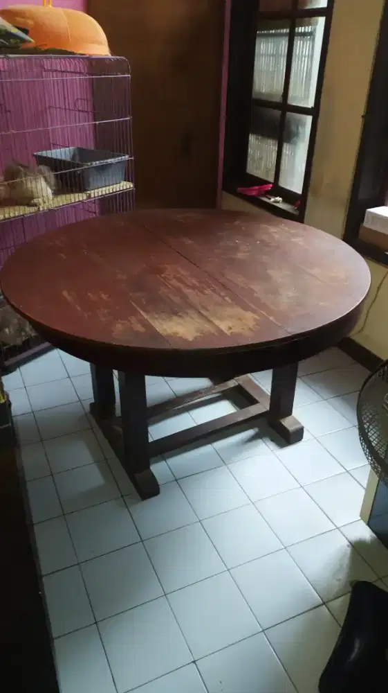 Meja Jati Kuno Vintage Klasik P=170 Cm Bisa Dikecilkan Diameter 120 Cm