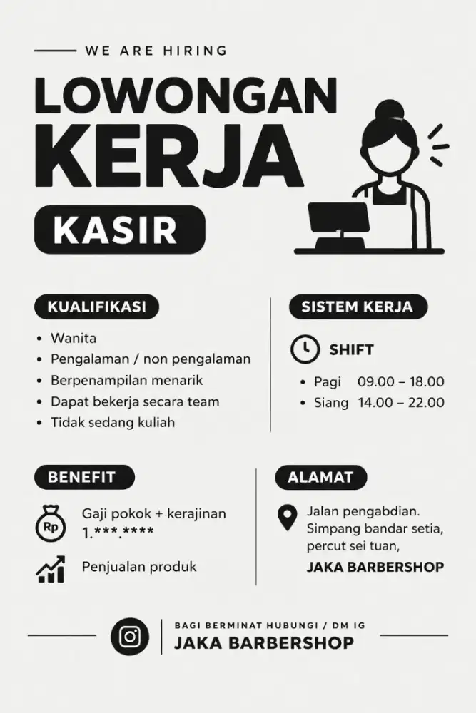 Dibutuhkan segera kasir barbershop