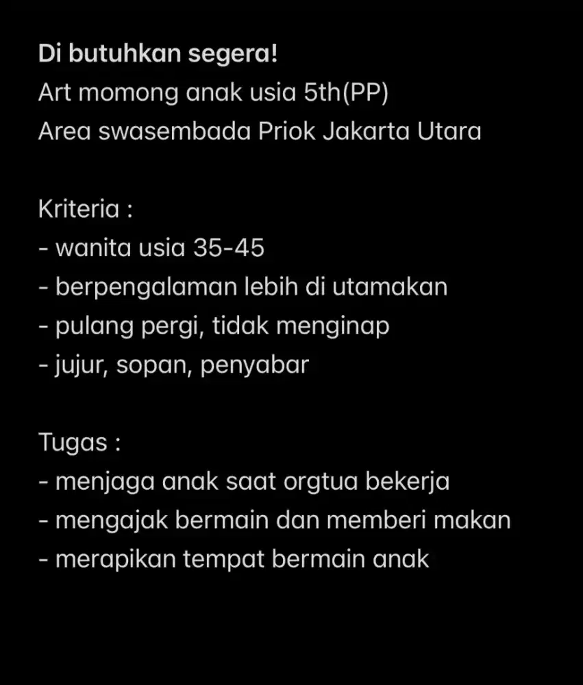 Dibutuhkan segera! ART momong (PP)