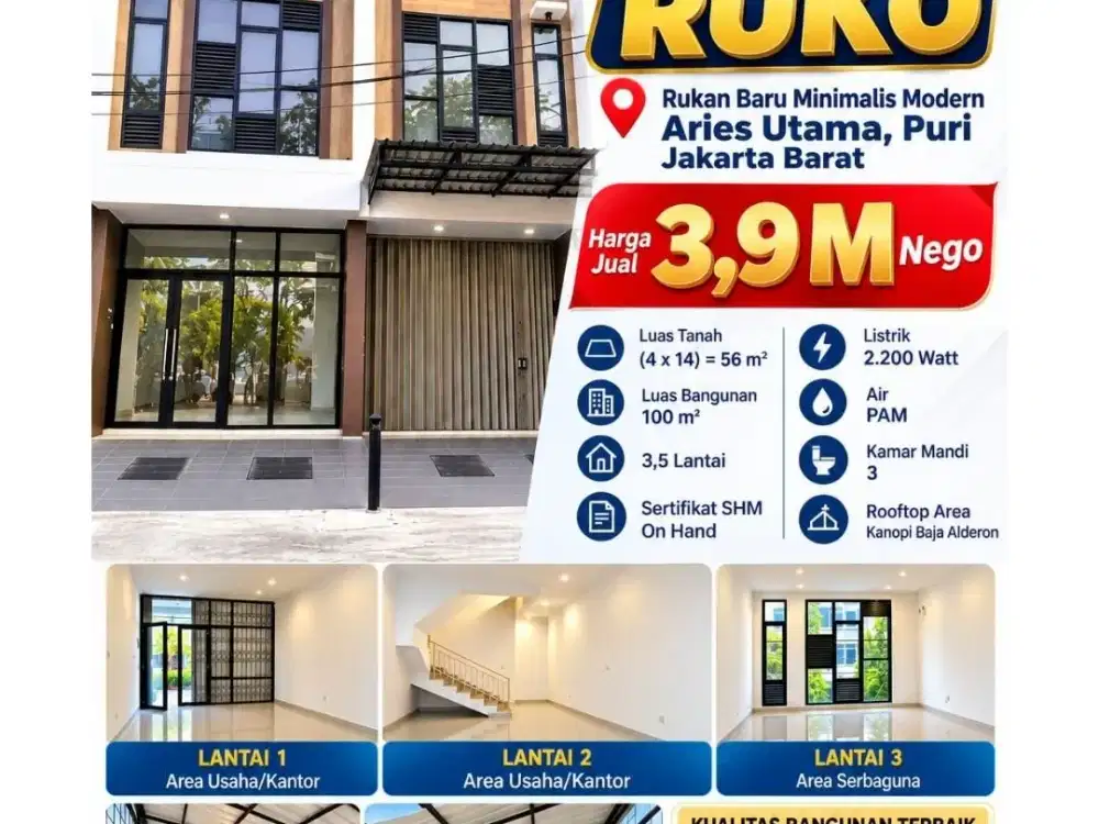 DIJUAL Rukan Baru minimalis modern Aries Utama, Puri, Jakarta Barat