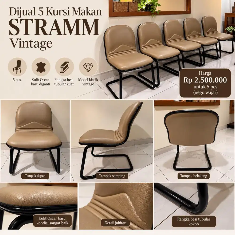5 Kursi Makan STRAMM Vintage – Oscar Baru / Baru Reupholstery
