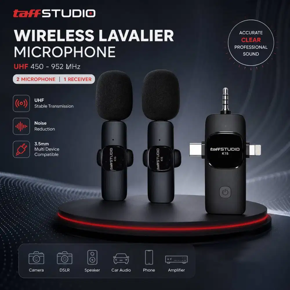 Mic K15 3In1 UHF Wireless Lavalier Microphone - 2 Mic