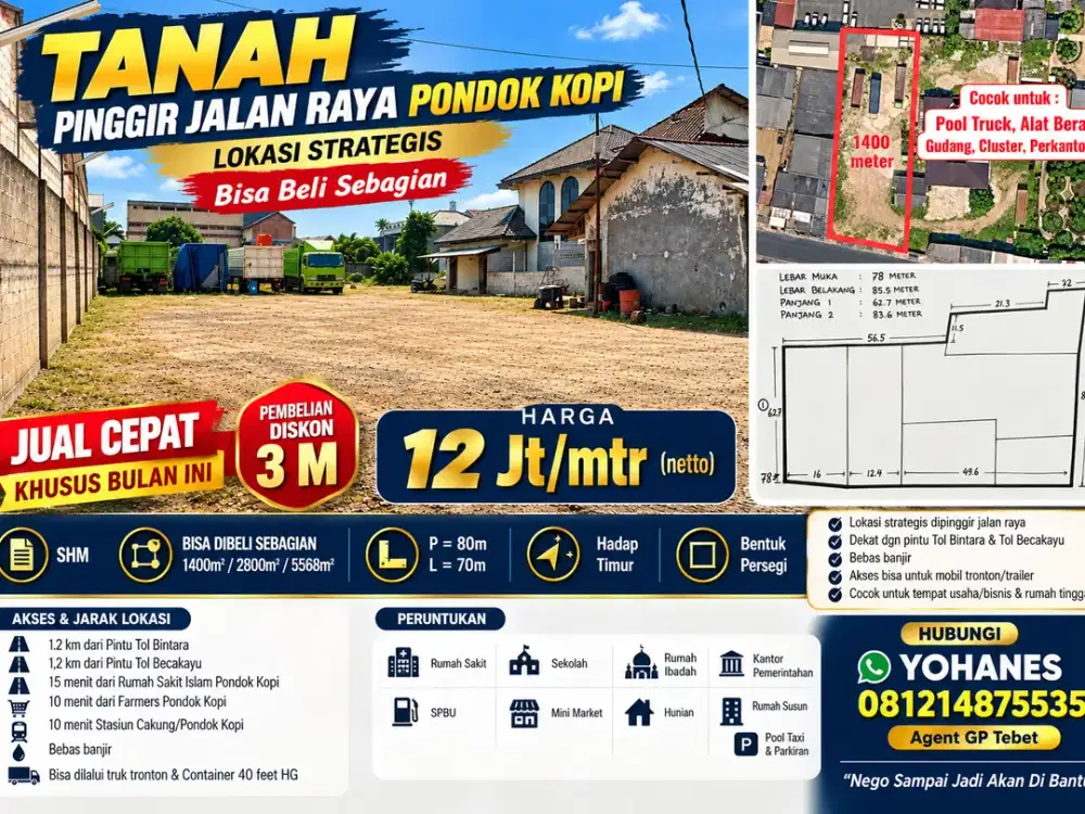 Tanah Pondok Kopi Pinggir Jalan Raya SHM Dekat Tol Bintara & Becakayu