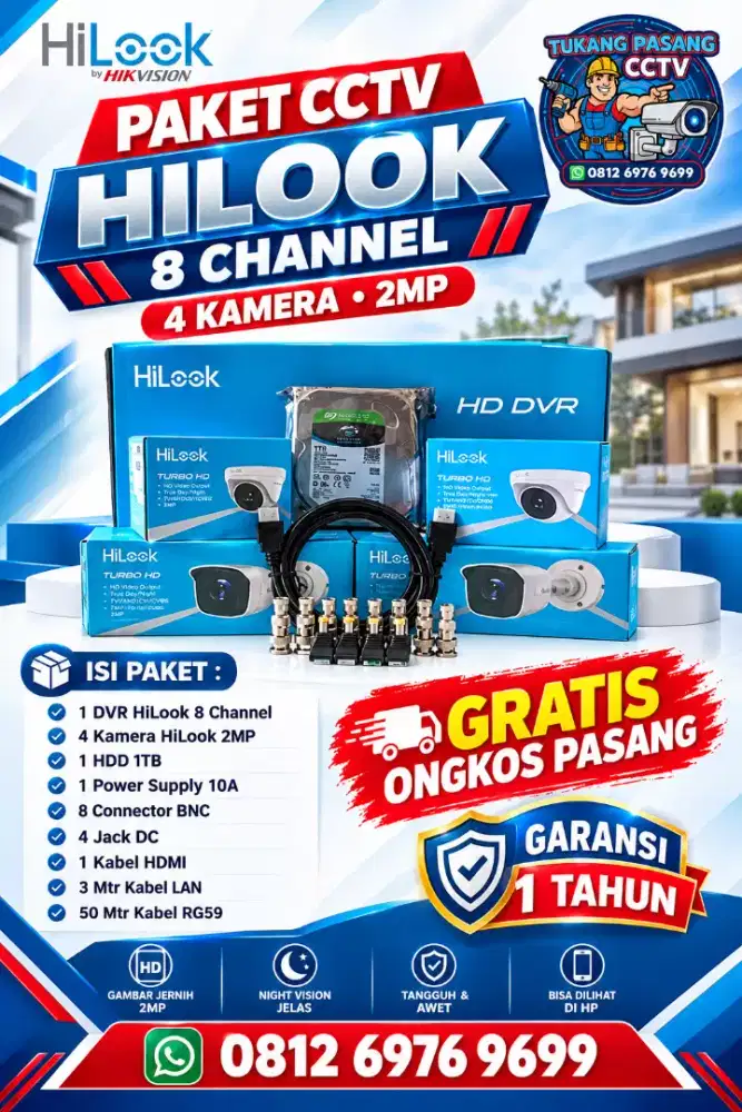 Paket cctv hilook 8 channel 4 kamera 2mp