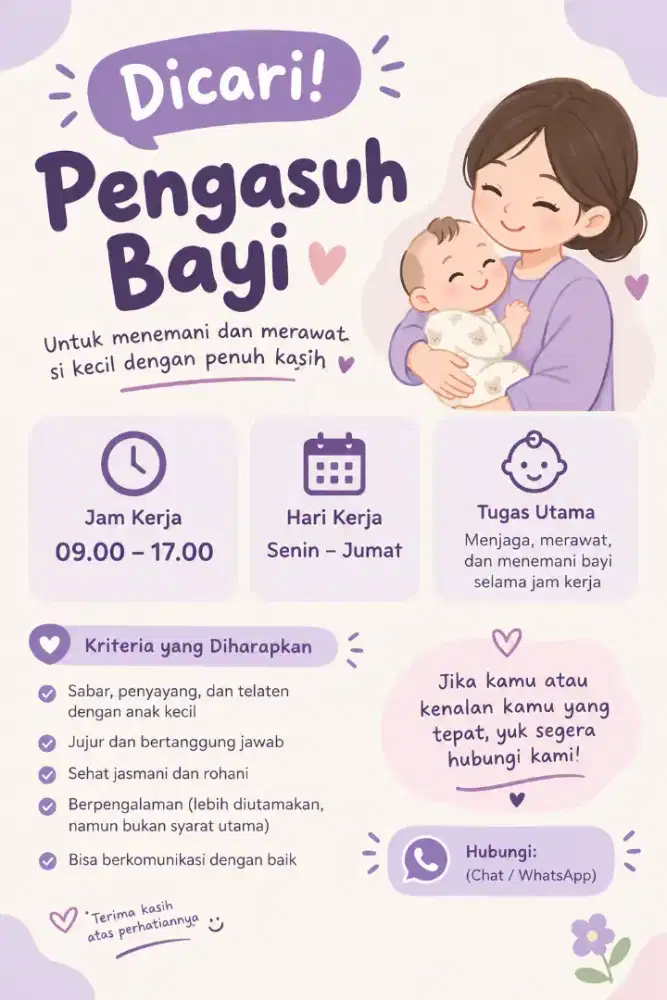 Dicari pengasuh bayi (pulang pergi)