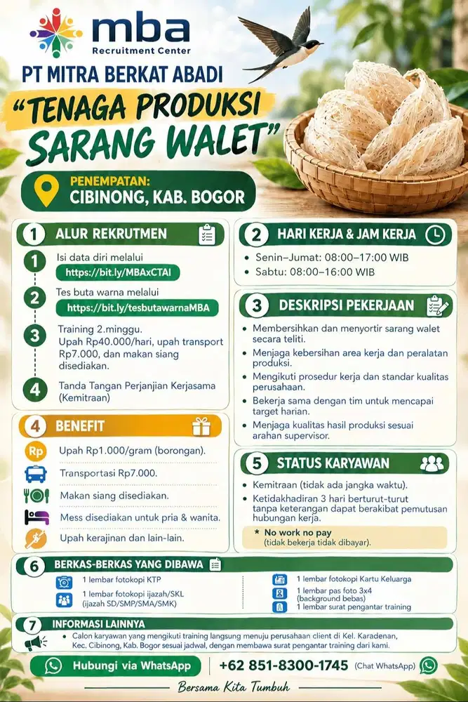 Tenaga Produksi Sarang Walet - Cibinong