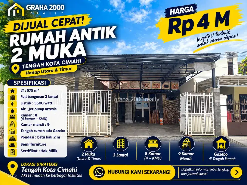umah Antik 3 Lantai LT 575 m2 8 Kamar 9 KM 2 Muka SHM di Tengah Kota Cimahi
