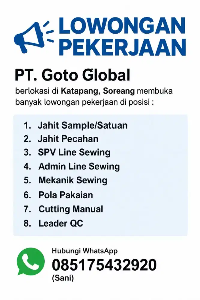 Lowongan Jahit Pecahan/Satuan, SPV, Admin, Pola, Mekanik, Cutting