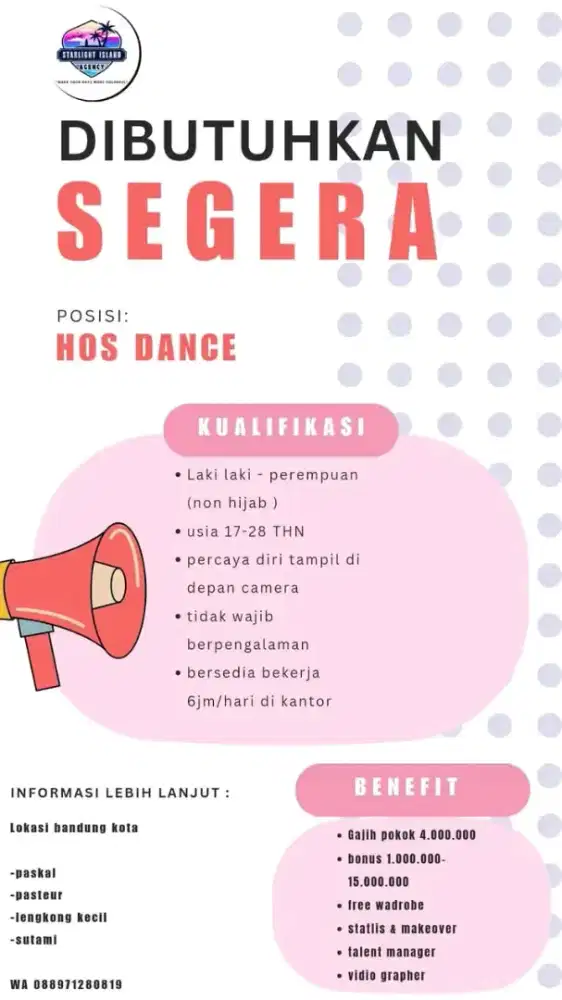 Di cari sebanyak banyak nya MC & talent ,hos dance