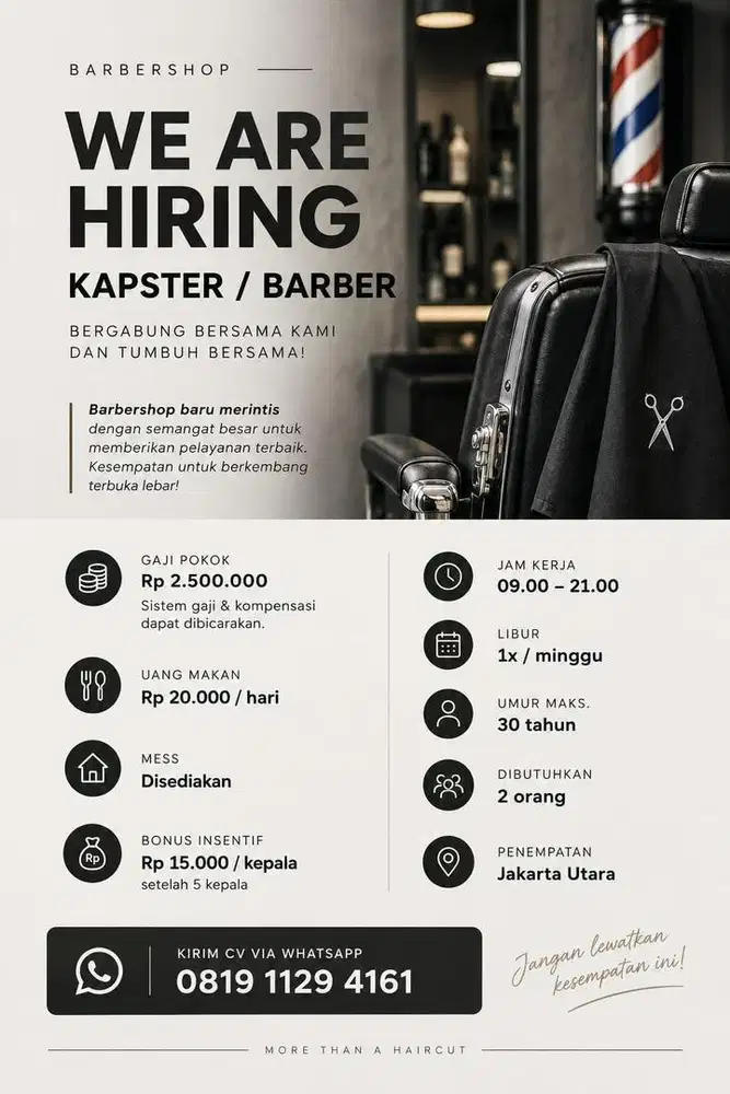 Loker karyawan Kapster Barber 2 orang