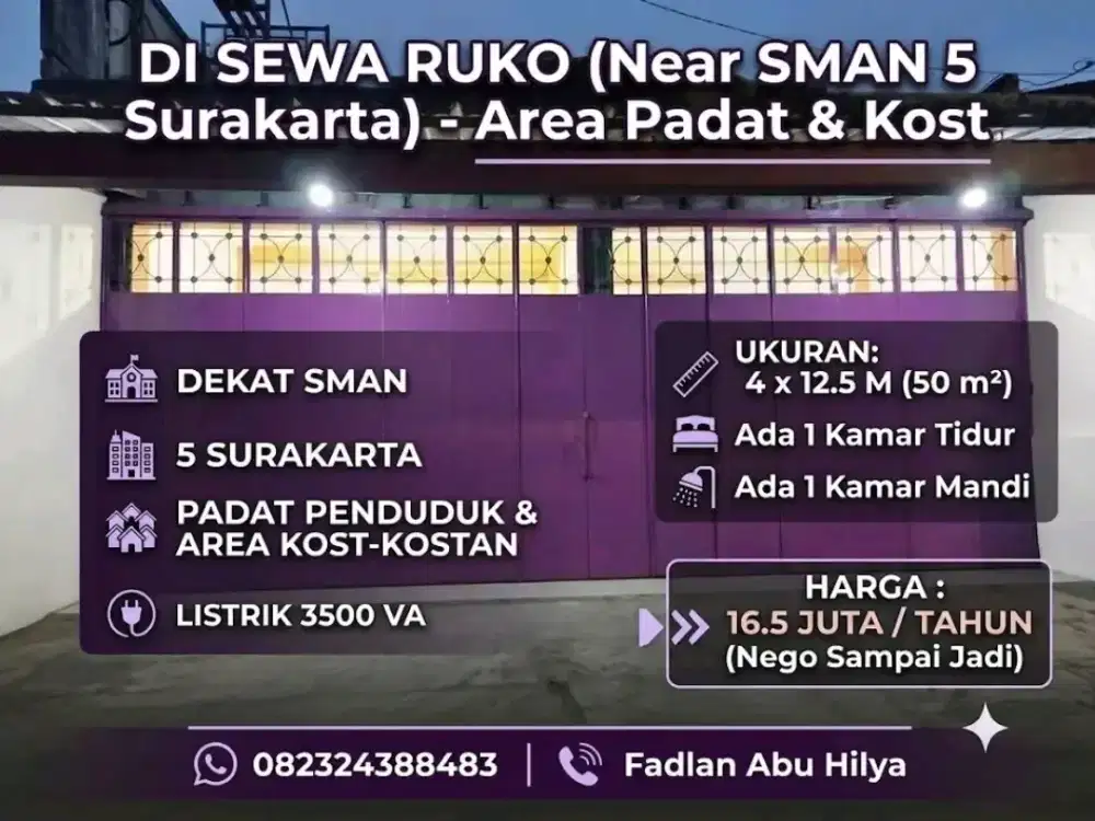 DISEWAKAN RUKO STRATEGIS DEKAT SMAN 5 SURAKARTA
