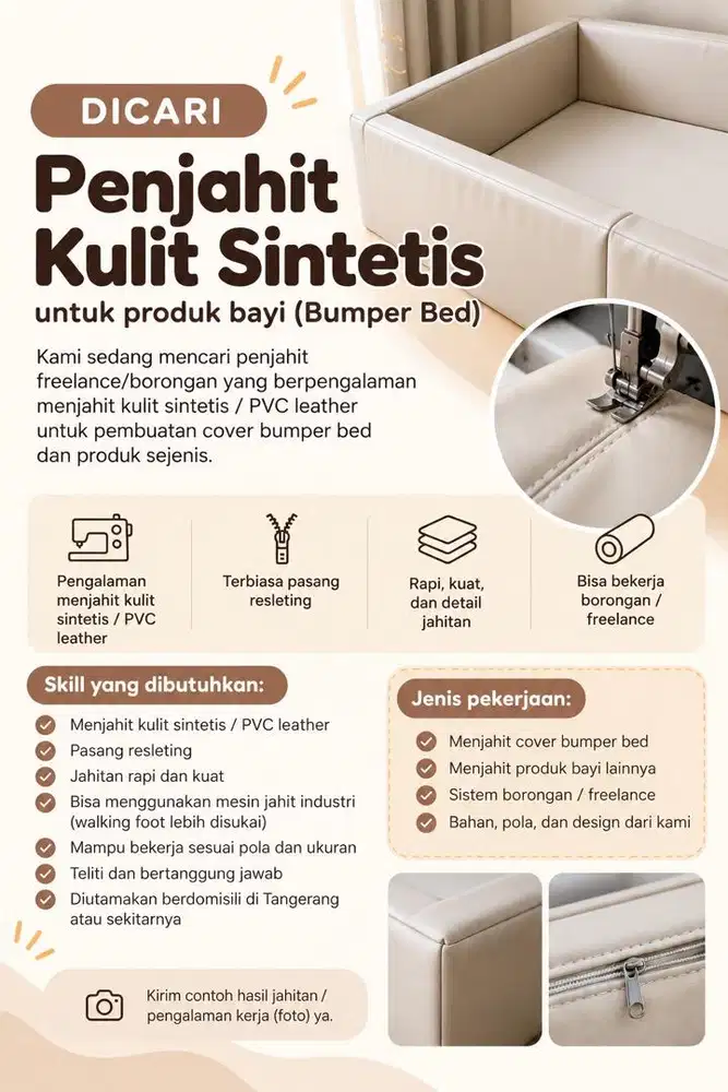 Dicari tukang jahit yg bisa jahit bahan kulit.