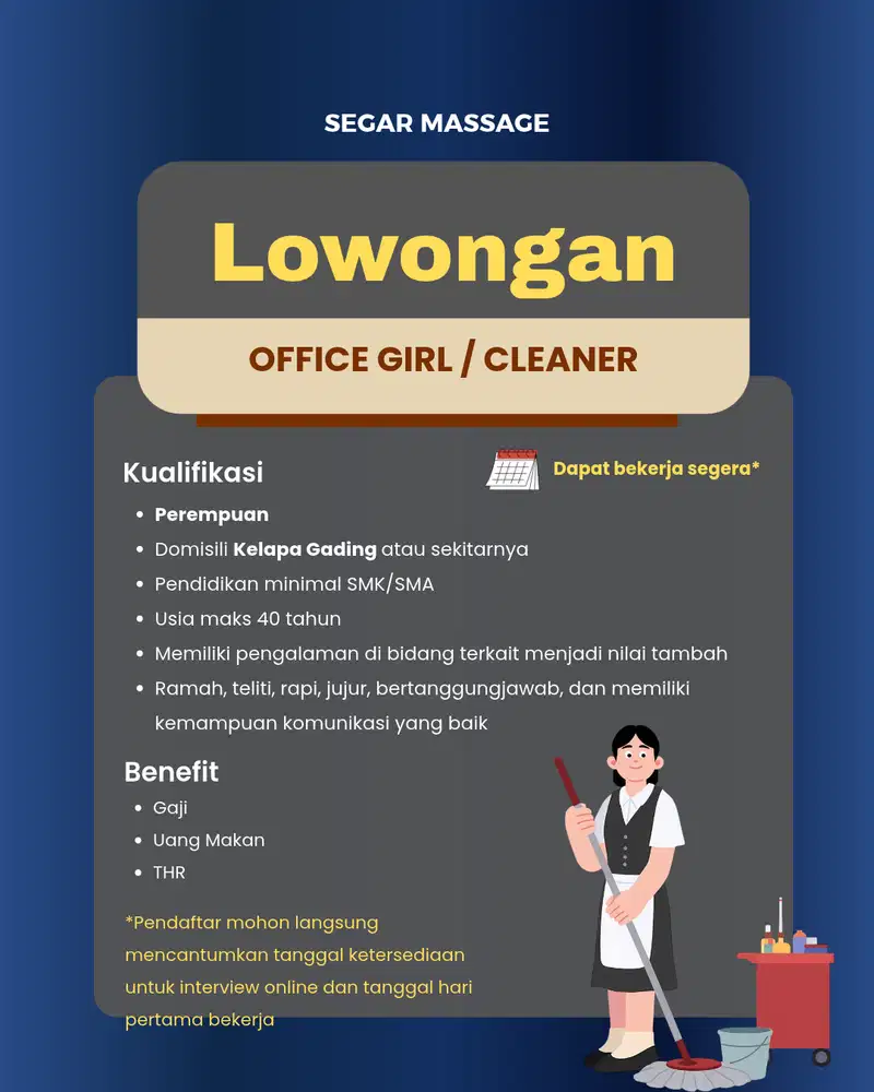 LOWONGAN OFFICE GIRL / CLEANER - MASSAGE KELAPA GADING