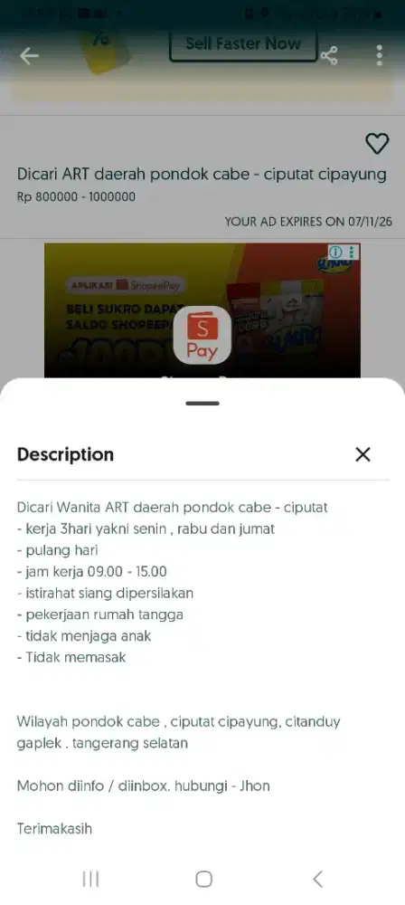 Dicari ART daerah pondok cabe - ciputat cipayung