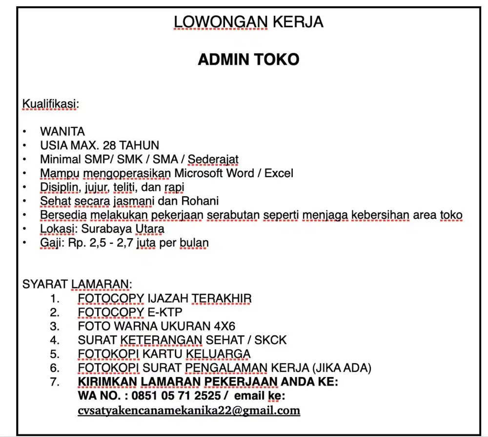 Dicari staf admin wanita surabaya utara