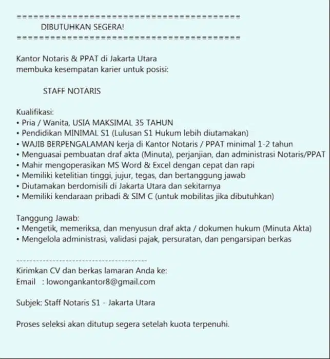 DIBUTUHKAN SEGERA STAFF NOTARIS