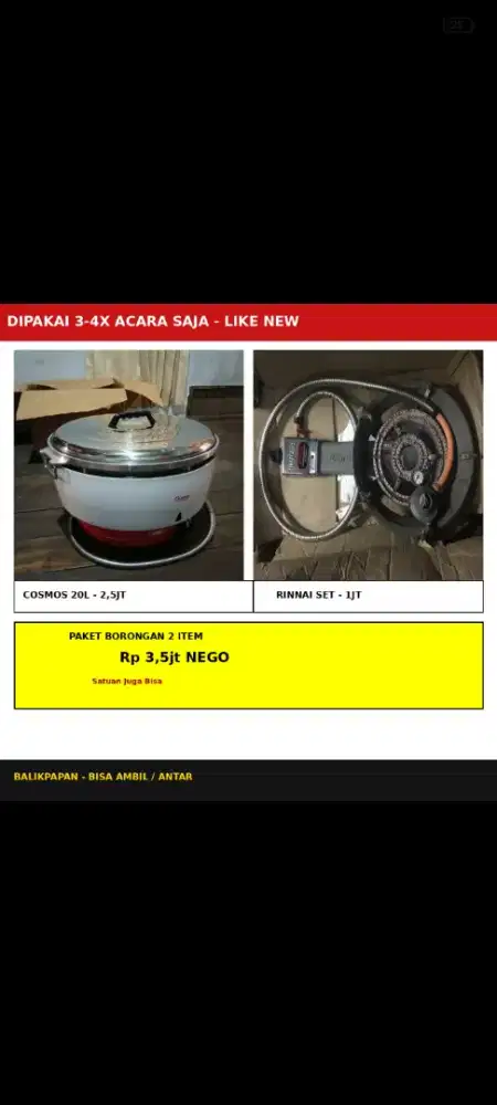 Dijual Rice Cooker GAS cosmos 20L dan kompor RINAI mataseribu LIKE NEW
