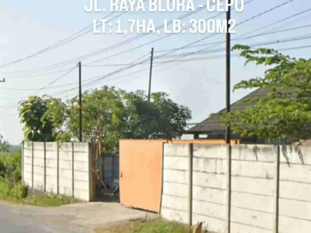 DIJUAL TANAH INDUSTRI JALAN RAYA BLORA - CEPU. TANAH 1,7HA ADA BEKAS BANGUNAN 300M2 BEKAS USAHA CRUSHER/ PENGGILINGAN BATU