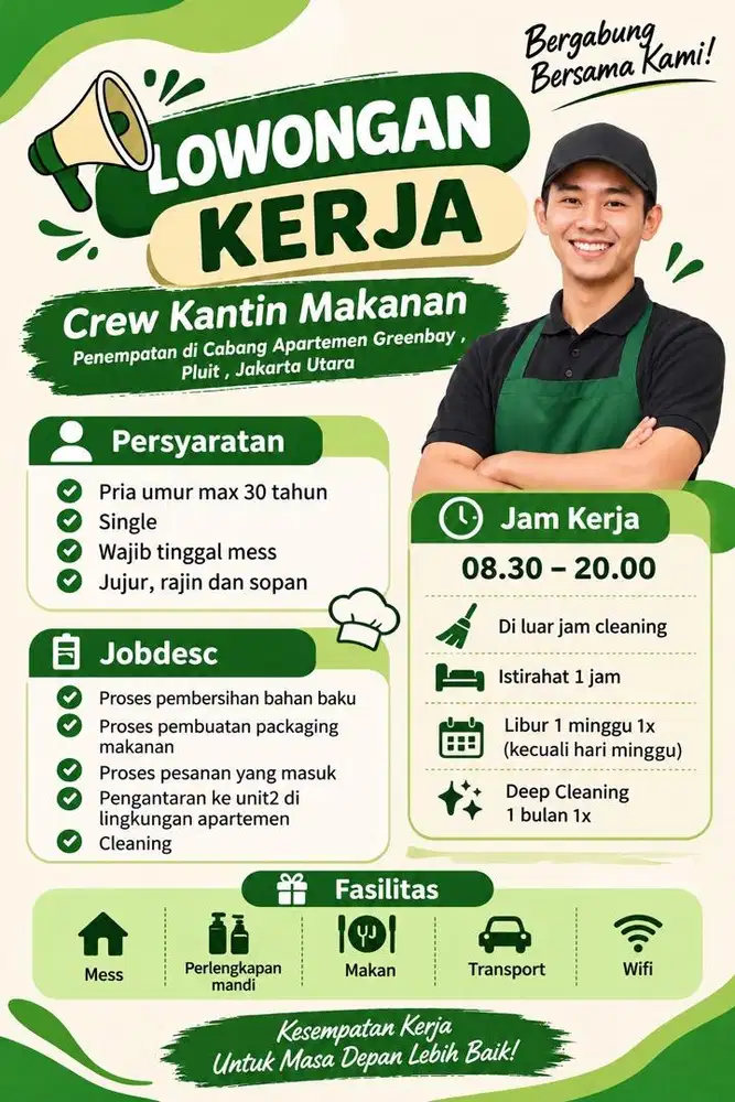 Lowongan kerja Crew Kantin di apartemen greenbay pluit