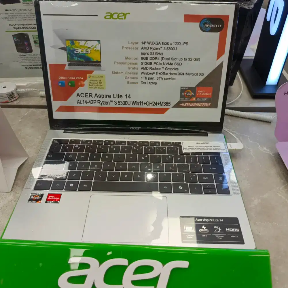 LAPTOP ACER AMD REYZEN 3 LAYAR LUAS 16:10 SUDAH TYPE C AL14-45P-R8JN