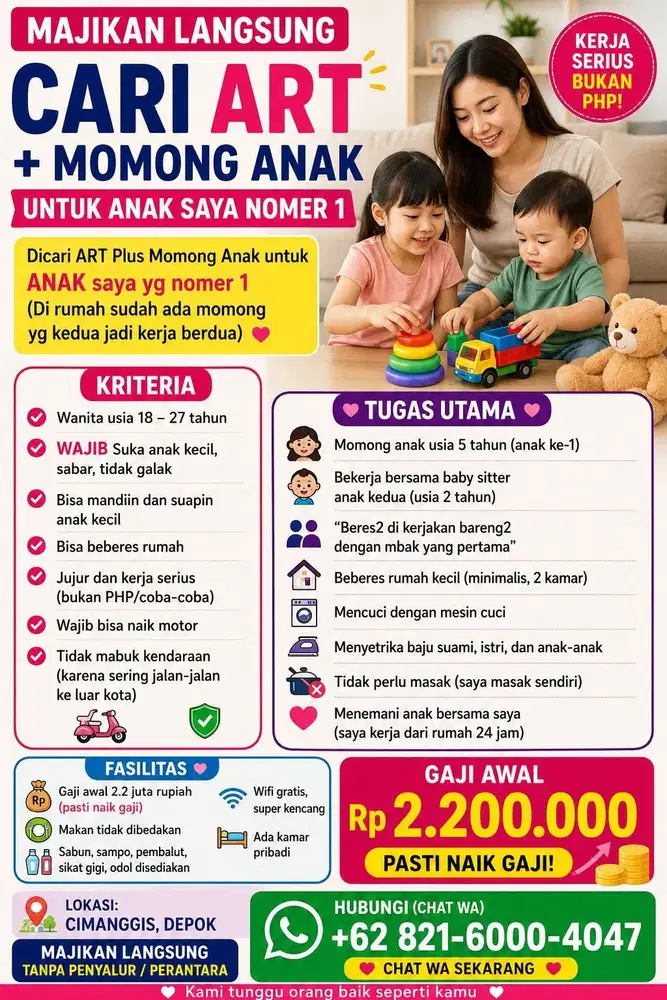 Aku majikan langsung , cari untuk momong dan beres2 anak 5 tahun