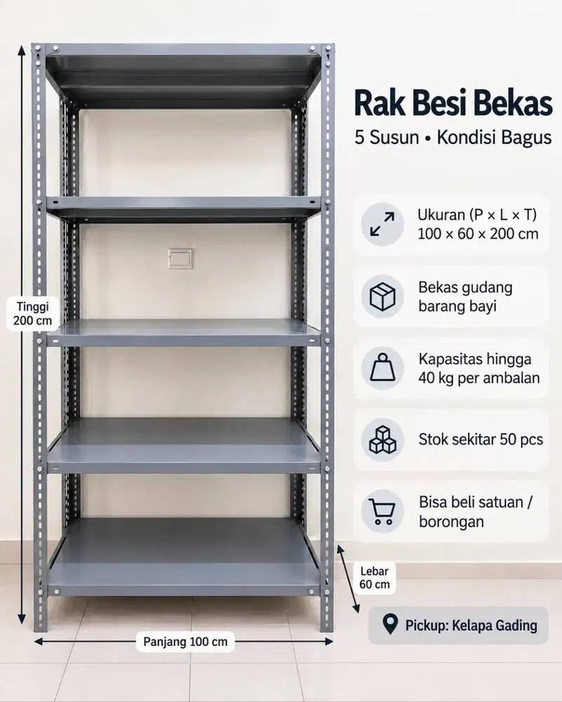 Rak Besi Gudang 5 Susun Heavy Duty Bekas Kondisi Bagus 100x60x200 cm